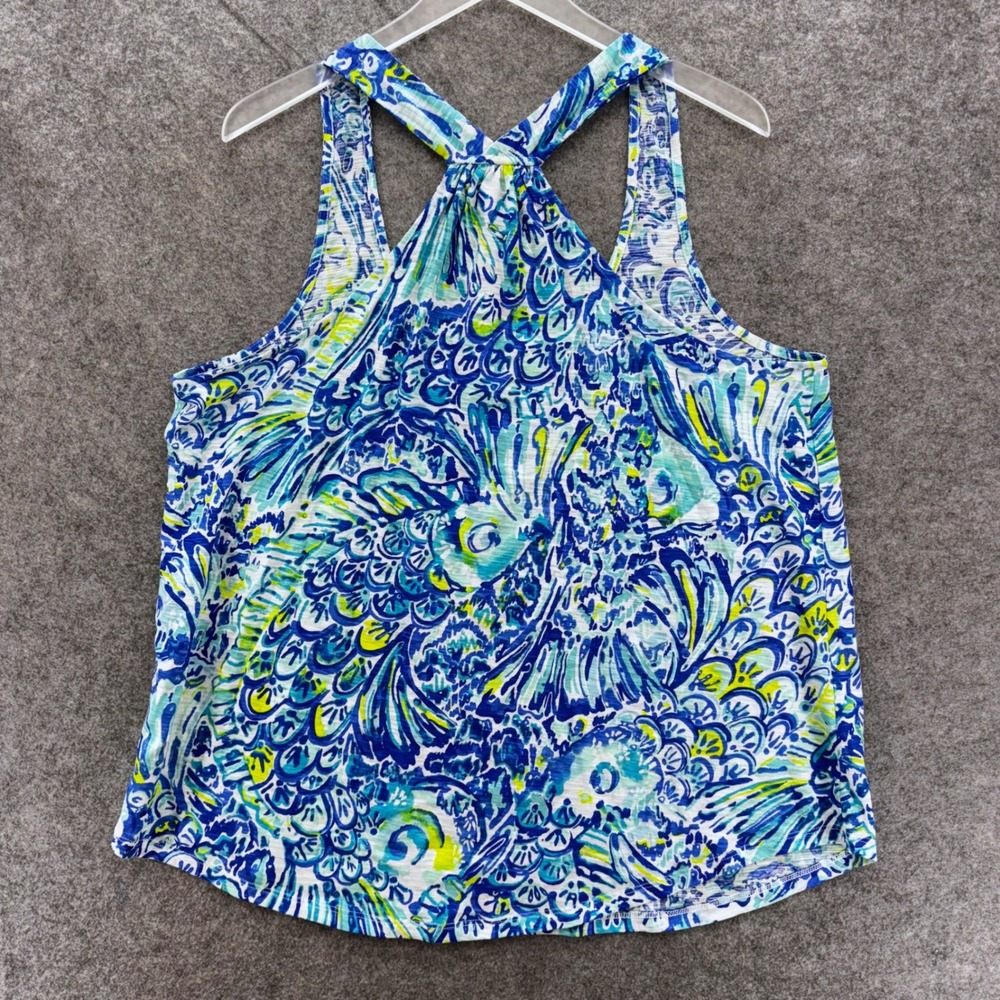 Lilly Pulitzer Tank Top XL Blue Green Fish Print Racerback 100% Cotton Vacation - Picture 5 of 8
